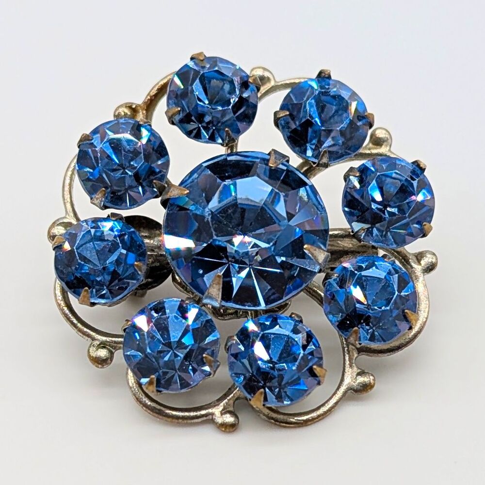 Vintage Blue Round Rhinestone Cluster Brooch Pin Prong Set Silver Tone 1.25 in